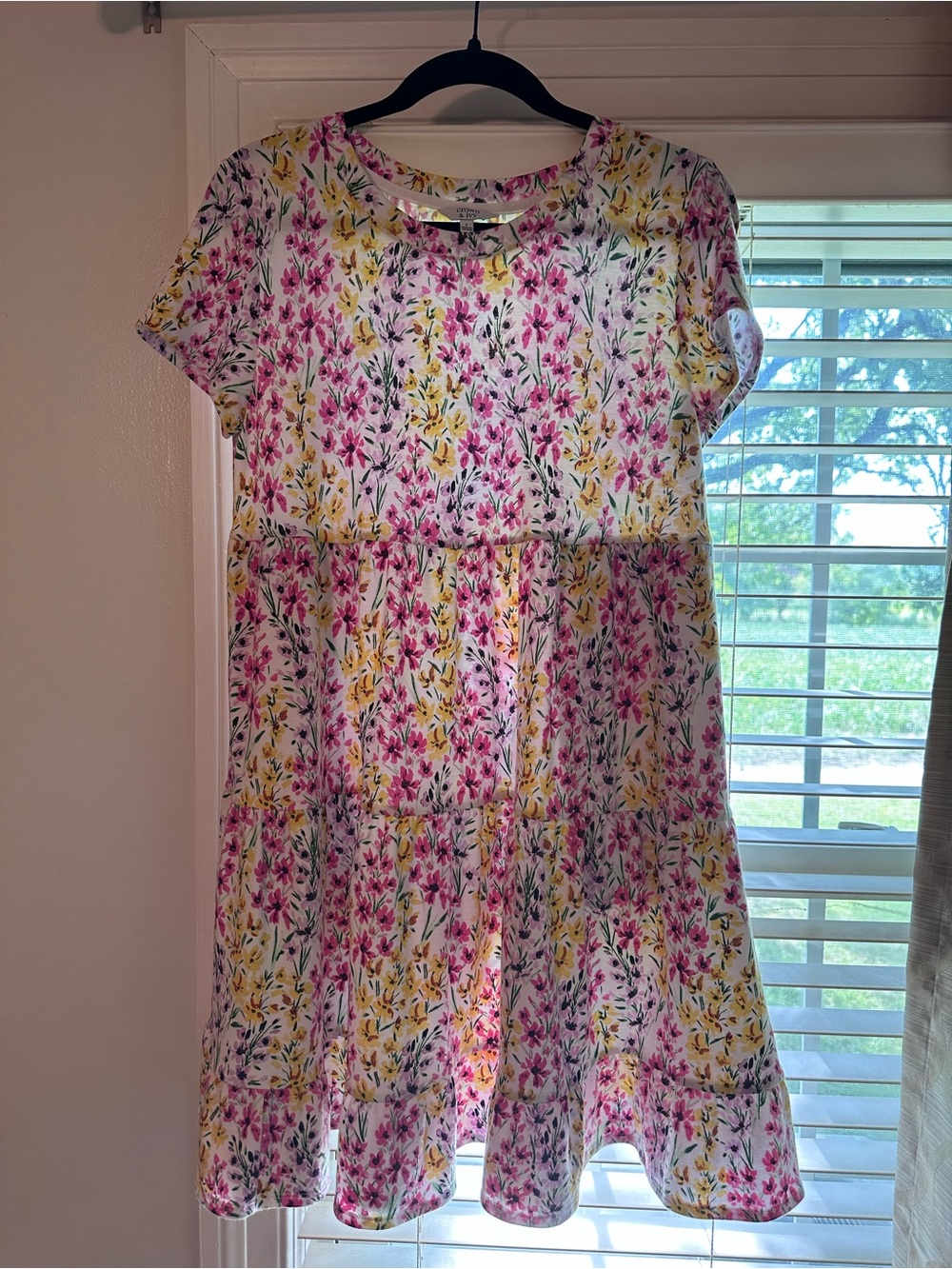 Floral Tiered Short-Sleeve Dress - Pink & Yellow